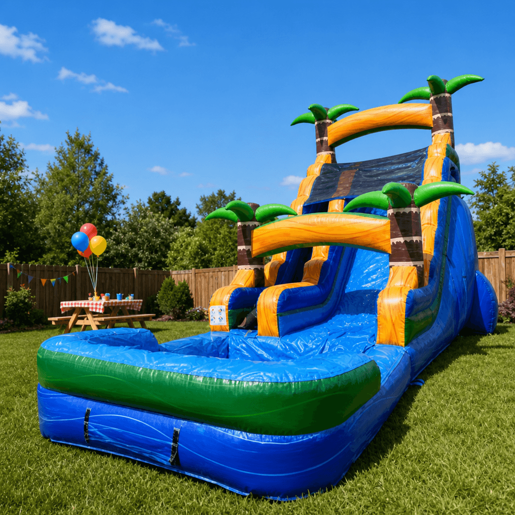 Palm Tree Slide 20′ set up for a fenced-yard birthday party